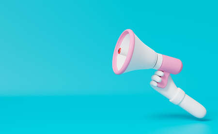 hands holding megaphone or hand speaker in blue composition background ,Concept 3d illustration or 3d renderの写真素材