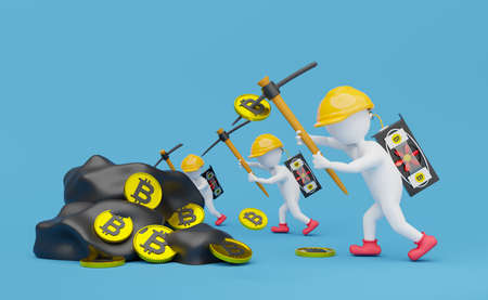 Stick man and pickaxe with gold bitcoin coins and video card or display card in blue composition background ,Concept 3d illustration or 3d renderingの写真素材
