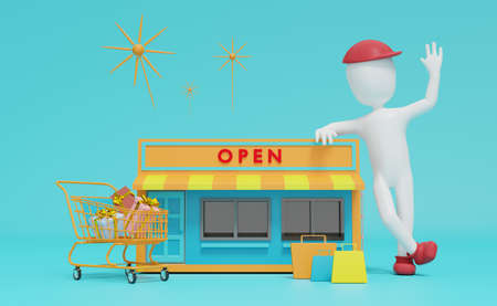 Stick man and store front with gift box and shopping cart in blue composition ,franchise business...