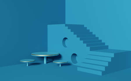 stair with podium in blue composition for modern stage display and minimalist mockup ,abstract showcase background ,Concept 3d illustration or 3d renderingの写真素材
