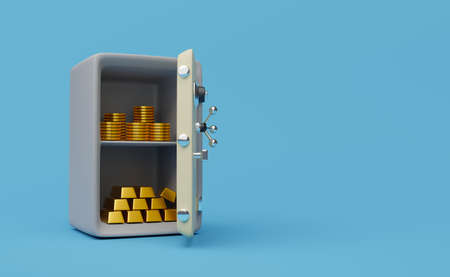 Safe box full of coins stack and gold bar in blue background ,business banking concept ,3d illustration or 3d renderingの写真素材