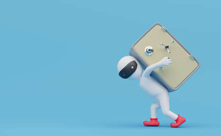 Stick man carrying safe box in blue background ,bank robber concept ,3d illustration or 3d renderingの写真素材