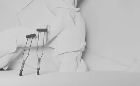 crutches with Gray wall on background ,Accident insurance concept ,3d illustration or 3d renderingの写真素材