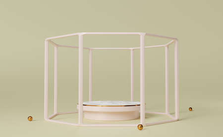 Rose color podium empty with geometric shapes in beige composition for modern stage display...