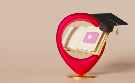 red pin with book and graduation hat in pink background ,achieve goals and success concept ,3d illustration or 3d rendering copy spaceの写真素材