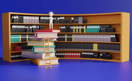 Stick man with book shelves in library ,education and learning concept ,3d illustration or 3d renderingの写真素材