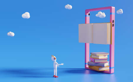 Stick man with book and Mobile phone in blue background ,education application learning concept ,3d illustration or 3d rendering copy spaceの写真素材