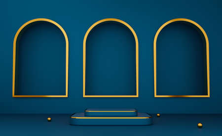 podium empty and ball with geometric shapes in blue composition for modern stage display and minimalist mockup ,abstract showcase background ,Concept 3d illustration or 3d renderの写真素材