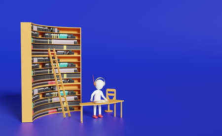 Stick man with book shelves in library ,education and learning concept ,3d illustration or 3d renderingの写真素材