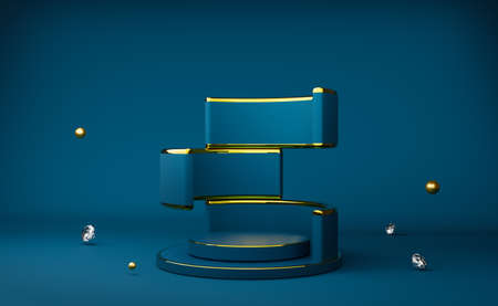 podium empty with geometric shapes in blue composition for modern stage display and minimalist mockup ,abstract showcase background ,Concept 3d illustration or 3d renderingの写真素材