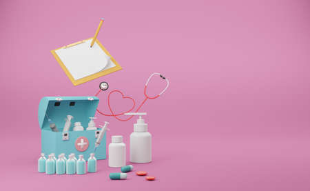 First aid kit with stethoscope and syringe on pink background ,Concept 3d illustration or 3d render