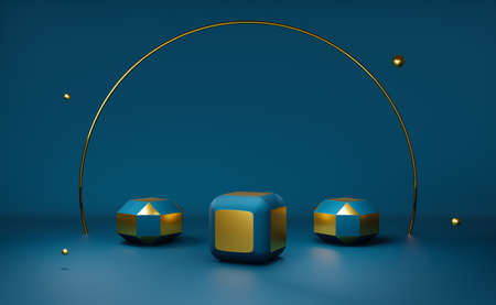 podium empty with geometric shapes in blue composition for modern stage display and minimalist...