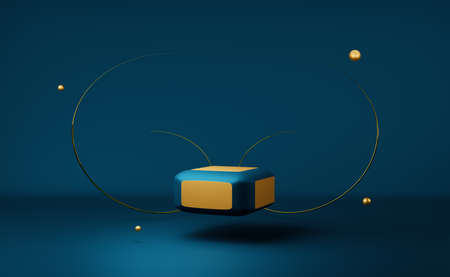 podium empty with geometric shapes in blue composition for modern stage display and minimalist...