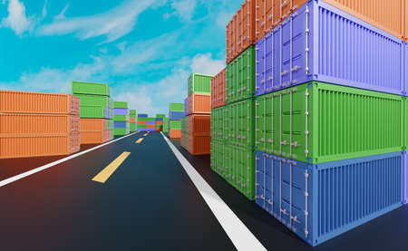 shipping container for import export on the road in sky background ,logistic concept ,3d...