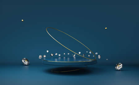 podium empty with diamond and geometric shapes in blue composition for modern stage display and...