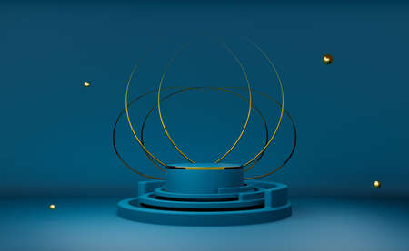 podium empty with geometric shapes in blue composition for modern stage display and minimalist mockup ,abstract showcase background ,Concept 3d illustration or 3d renderの写真素材