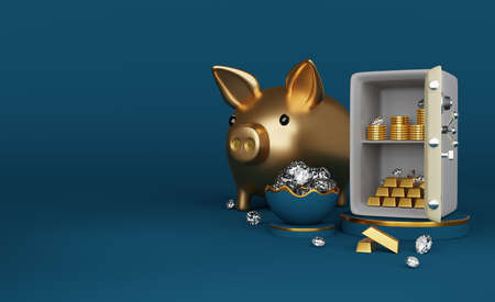 Gold piggy bank and Safe box full of coins stack and gold bar and diamond with egg shell in blue background ,business banking concept ,3d illustration or 3d renderingの写真素材