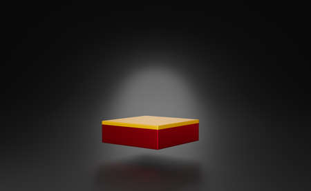 Gold square podium empty in black composition for modern stage display and minimalist mockup ,abstract showcase background ,Concept 3d illustration or 3d renderの写真素材