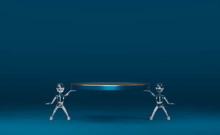 podium empty with glass doll in blue composition for modern stage display and minimalist mockup ,abstract showcase background ,Concept 3d illustration or 3d renderの写真素材