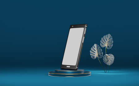 black mobile phone and podium with glass monstera leaf in blue background ,glass pedestal showcase...
