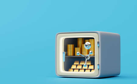 Safe box with tempered glass door in blue background ,business banking concept ,3d illustration or 3d renderingの写真素材
