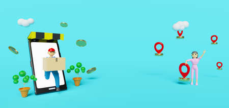 Courier man and mobile phone with pins and taker in blue composition ,Online delivery service...