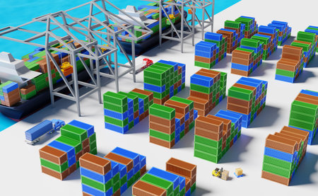 Cargo ship and industrial port with tractor and trailer or semi truck ,shipping container ,logistic...
