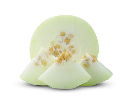 peeled winter melon sliced isolated on white background ,include clipping pathの写真素材