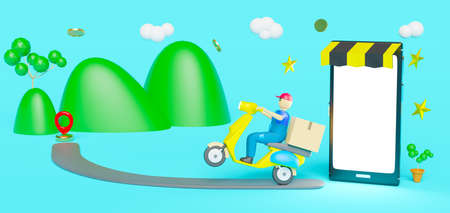 Online delivery mobile phone or online order tracking concept ,scooter driver with goods box and pin at countryside in blue background,Fast package shipping with cell phone, 3d renderの写真素材