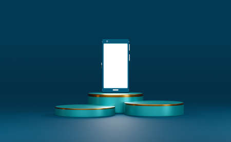 mobile smart phone with cylinder podium empty in blue background ,pedestal showcase for modern ,3d illustration or 3d renderの写真素材