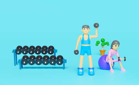 fitness man and woman lifting dumbbell in gym on blue background ,3d illustration or 3d render