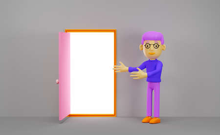 Character cartoon man open door with lot of light on gray walls room