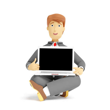 Cartoon character businessman sitting with computer laptop