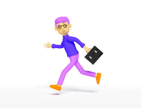 Cartoon character businessman hold briefcase and runs
