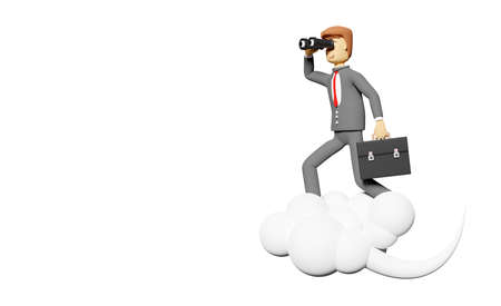 Cartoon character businessman hand holds binocular with briefcase on cloudの写真素材