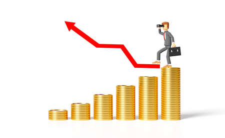 Cartoon character businessman hand holds binocular with pile of coins and bar graphの写真素材