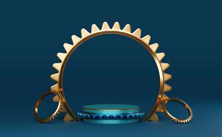cylinder podium empty and gear with geometric shapes in blue composition for modern stage display...