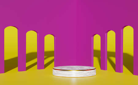 marble podium empty with pink wall in yellow composition for modern stage display and minimalist...