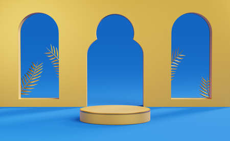 yellow podium empty with geometric shapes  and gold color palm leaf in blue composition for modern stage display and minimalist mockup ,abstract showcase background ,3d renderの写真素材