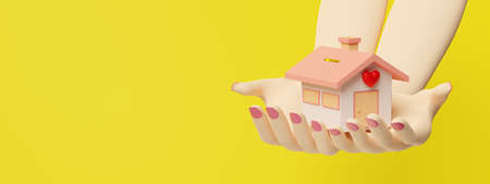 cartoon woman hands holding house isolated on yellow background with copy space ,3d renderの写真素材