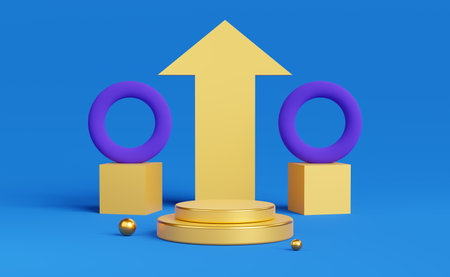 yellow cylinder podium empty with geometric shapes in blue composition for modern stage display and minimalist mockup ,abstract showcase background ,3d renderの写真素材