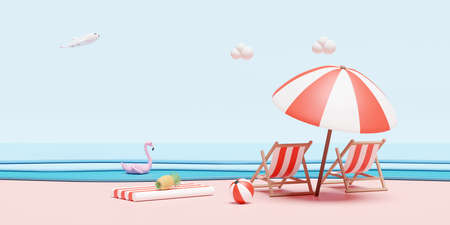 summer beach and sky with beach chair, ball ,swim ring flamingo ,palm leaf ,landscape background concept ,3d illustration or 3d renderの写真素材