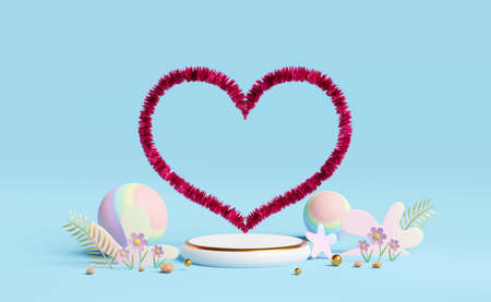 cylinder stage podium empty with red heart shapes with flower in pink pastel composition ,valentine's day background ,Concept 3d illustration or 3d renderの写真素材