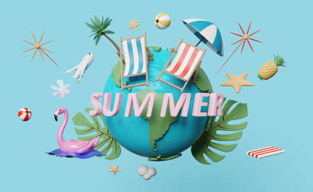 summer travel around the world concept with beach chair,ball,umbrella,plane,inflatable flamingo,coconut tree,starfish,pineapple,monstera leaf ,3d illustration or 3d renderの写真素材