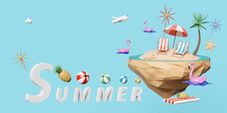 Summer sale banner with floating island,Inflatable flamingo, beach chair,ball,umbrella,coconut tree, pineapple,starfish isolated on blue background. concept 3d illustration or 3d renderの写真素材