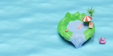 Summer sale banner with floating island,Inflatable flamingo, beach chair,ball,umbrella,coconut tree...