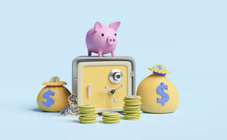 Safe box and piggy bank with money bag,coins,diamond isolated on blue pastel background ,business banking or saving money concept ,3d illustration or 3d renderingの写真素材