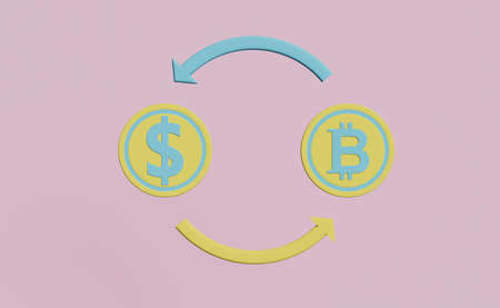 currency exchange for bitcoin and dollar concept, isolated on pink pastel background ,3d illustration or 3d renderの写真素材