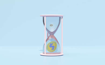 Hourglass with dollar coins isolated on blue background.business growth concept ,3d illustration or...