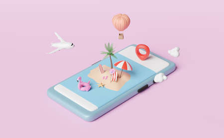 mobile phone or smartphone with palms,beach chair,inflatable flamingo,pin,umbrella,sandals,plane...